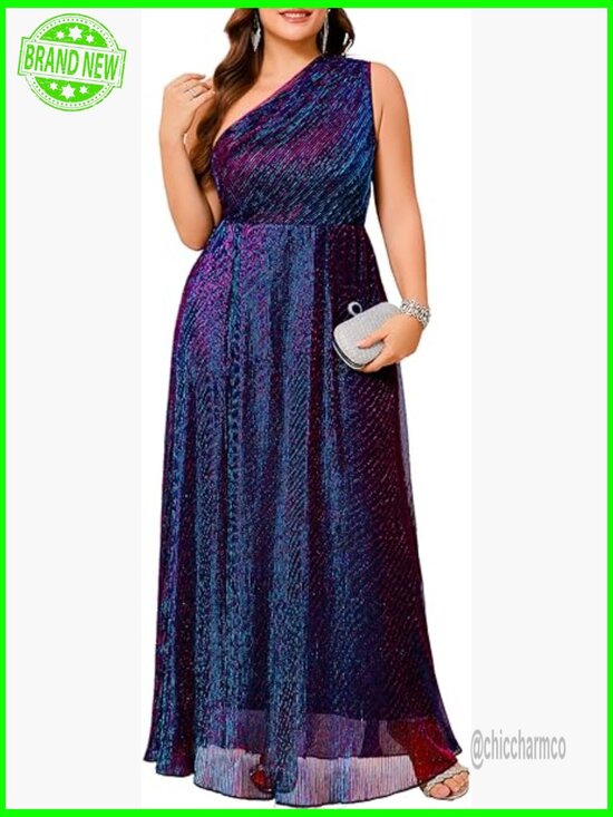 Dresses & Skirts - Plus Size Formal One Shoulder Maxi Dress Sparkly Sleeveless A-Line Prom Gown